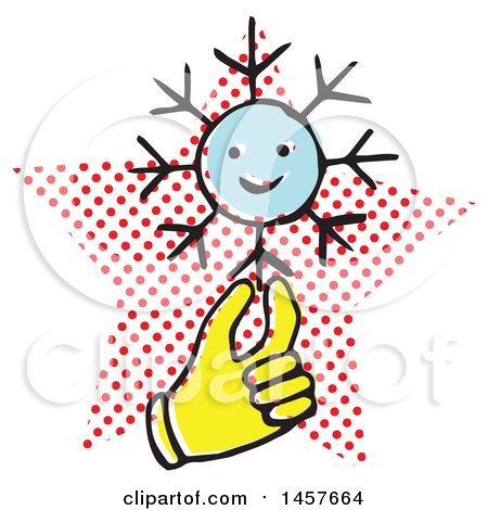 Clipart of a Pop Art Styled Yellow Hand Holding a Snowflake over a Halftone Star - Royalty Free Vector Illustration by Cherie Reve