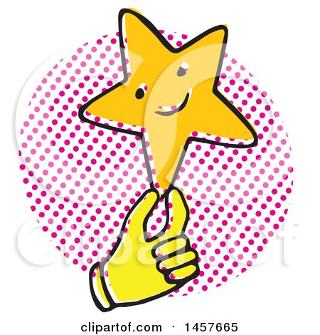 Clipart of a Pop Art Styled Yellow Hand Holding a Star over a Halftone Circle - Royalty Free Vector Illustration by Cherie Reve