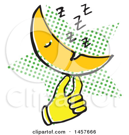 Clipart of a Pop Art Styled Yellow Hand Holding a Sleeping Moon over a Halftone Star - Royalty Free Vector Illustration by Cherie Reve