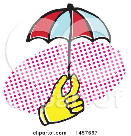 Clipart of a Pop Art Styled Yellow Hand Holding an Umbrella over a Halftone Oval - Royalty Free Vector Illustration by Cherie Reve