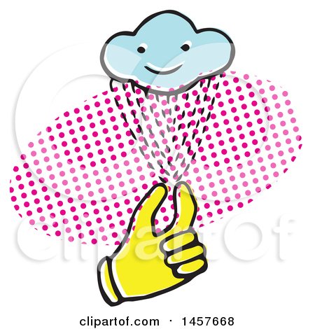 Clipart of a Pop Art Styled Yellow Hand Holding a Rain Cloud over a Halftone Oval - Royalty Free Vector Illustration by Cherie Reve
