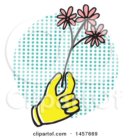 Clipart of a Pop Art Styled Yellow Hand Holding Flowers over a Halftone Circle - Royalty Free Vector Illustration by Cherie Reve