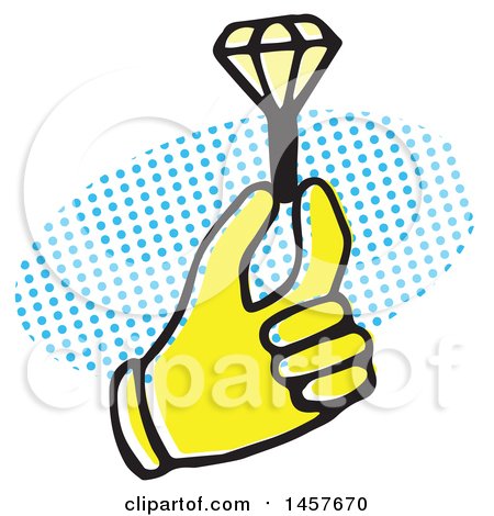 Clipart of a Pop Art Styled Yellow Hand Holding a Diamond Ring over a Halftone Oval - Royalty Free Vector Illustration by Cherie Reve