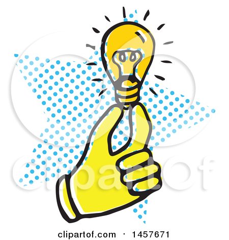 Clipart of a Pop Art Styled Yellow Hand Holding a Lightbulb over a Halftone Star - Royalty Free Vector Illustration by Cherie Reve