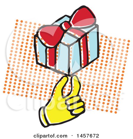 Clipart of a Pop Art Styled Yellow Hand Holding a Gift over a Halftone Rectangle - Royalty Free Vector Illustration by Cherie Reve