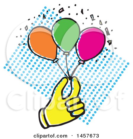 Clipart of a Pop Art Styled Yellow Hand Holding Party Balloons over a Halftone Circle Rectangle - Royalty Free Vector Illustration by Cherie Reve