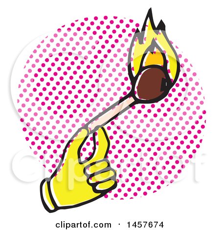 Clipart of a Pop Art Styled Yellow Hand Holding a Lit Match over a Halftone Circle - Royalty Free Vector Illustration by Cherie Reve