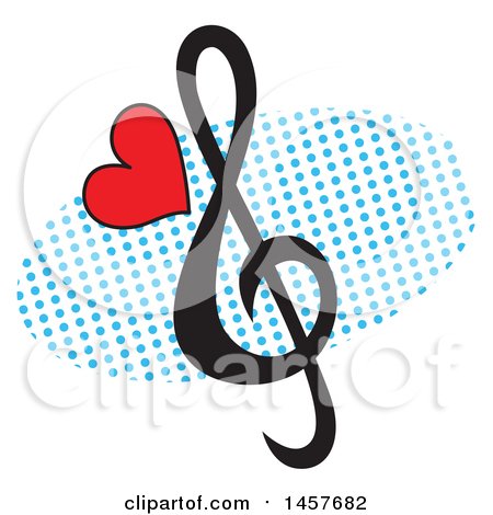 Clipart of a Pop Art Heart and Clef Note over a Halftone Oval - Royalty Free Vector Illustration by Cherie Reve