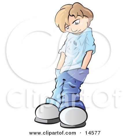 Sad Or Depressed Blond Boy Looking Down And Shoving His Hands Deep In His Jean Pockets Clipart Illustration by Leo Blanchette