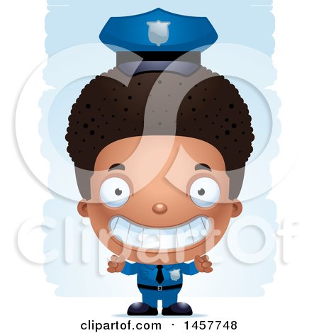 Clipart of a 3d Grinning Black Boy Police Officer over Strokes - Royalty Free Vector Illustration by Cory Thoman