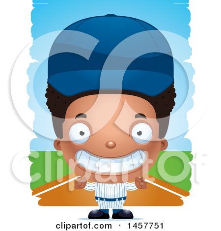 Clipart of a 3d Grinning Black Boy Baseball Player over Strokes - Royalty Free Vector Illustration by Cory Thoman