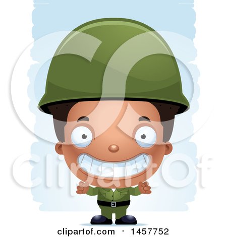 Clipart of a 3d Grinning Black Boy Army Soldier over Strokes Army Soldier over Strokes - Royalty Free Vector Illustration by Cory Thoman