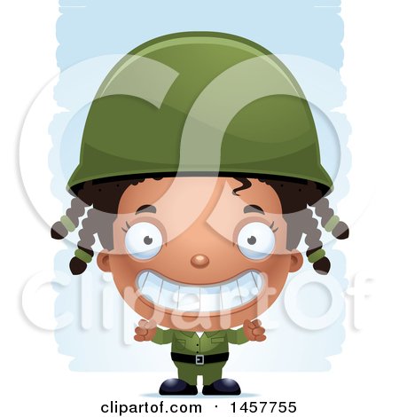 Clipart of a 3d Grinning Black Girl Army Soldier over Strokes - Royalty Free Vector Illustration by Cory Thoman