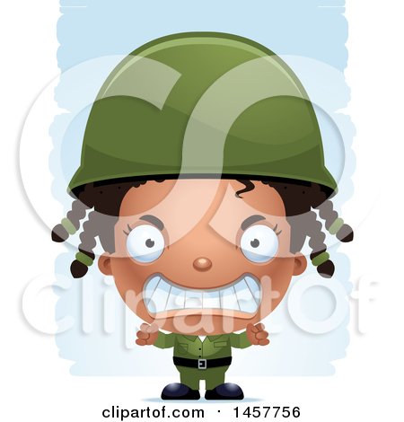 Clipart of a 3d Mad Black Girl Army Soldier over Strokes - Royalty Free Vector Illustration by Cory Thoman