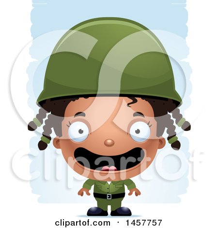 Clipart of a 3d Happy Black Girl Army Soldier over Strokes - Royalty Free Vector Illustration by Cory Thoman