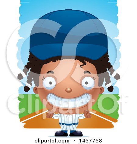 Clipart of a 3d Grinning Black Girl Baseball Player over Strokes - Royalty Free Vector Illustration by Cory Thoman