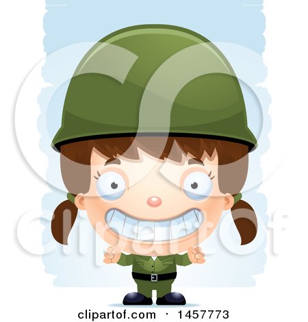 Clipart of a 3d Grinning White Girl Army Soldier over Strokes - Royalty Free Vector Illustration by Cory Thoman