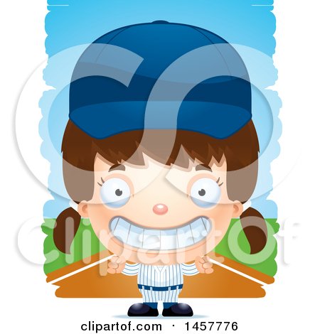 Clipart of a 3d Grinning White Girl Baseball Player over Strokes - Royalty Free Vector Illustration by Cory Thoman