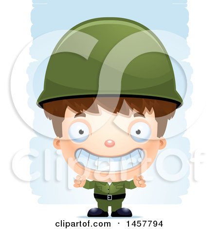 Clipart of a 3d Grinning White Boy Army Soldier over Strokes - Royalty Free Vector Illustration by Cory Thoman