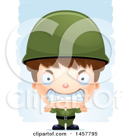 Clipart of a 3d Mad White Boy Army Soldier over Strokes - Royalty Free Vector Illustration by Cory Thoman