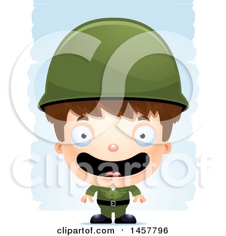 Clipart of a 3d Happy White Boy Army Soldier over Strokes - Royalty Free Vector Illustration by Cory Thoman