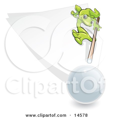 Green Gecko Leaning Forward To Aim At Hitting The Cue Ball While Playing A Game Of Billiards Pool Clipart Illustration by Leo Blanchette