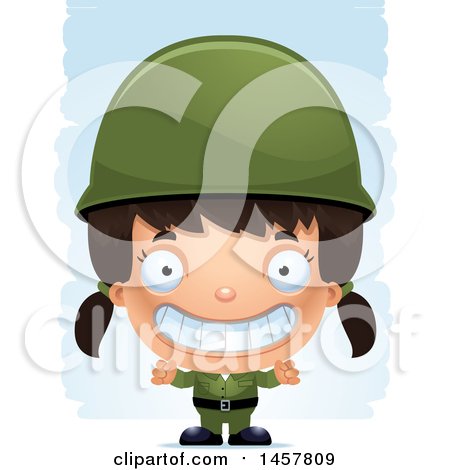 Clipart of a 3d Grinning Hispanic Girl Army Soldier over Strokes - Royalty Free Vector Illustration by Cory Thoman