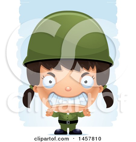 Clipart of a 3d Mad Hispanic Girl Army Soldier over Strokes - Royalty Free Vector Illustration by Cory Thoman