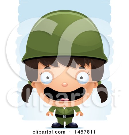 Clipart of a 3d Happy Hispanic Girl Army Soldier over Strokes - Royalty Free Vector Illustration by Cory Thoman
