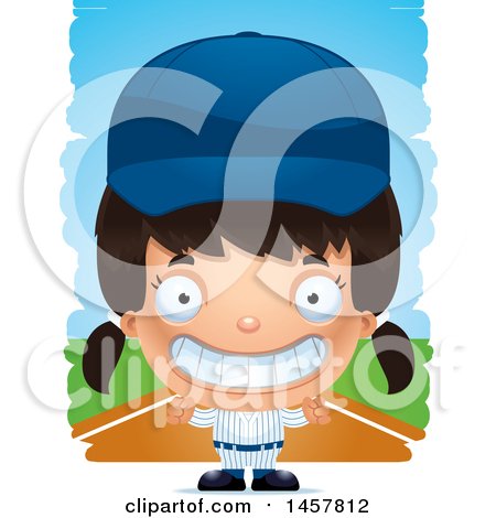 Clipart of a 3d Grinning Hispanic Girl Baseball Player over Strokes - Royalty Free Vector Illustration by Cory Thoman