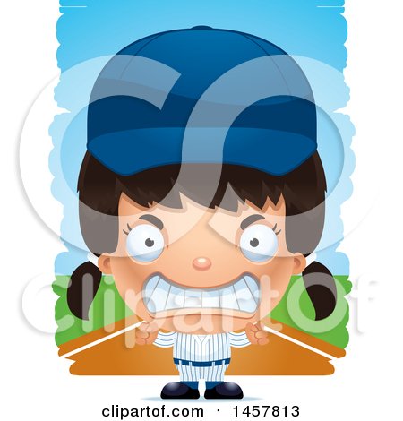Clipart of a 3d Mad Hispanic Girl Baseball Player over Strokes - Royalty Free Vector Illustration by Cory Thoman