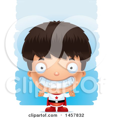 Clipart of a 3d Grinning Hispanic Boy Super Hero over Strokes - Royalty Free Vector Illustration by Cory Thoman