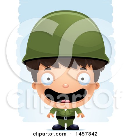 Clipart of a 3d Happy Hispanic Boy Army Soldier over Strokes - Royalty Free Vector Illustration by Cory Thoman
