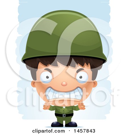 Clipart of a 3d Mad Hispanic Boy Army Soldier over Strokes - Royalty Free Vector Illustration by Cory Thoman