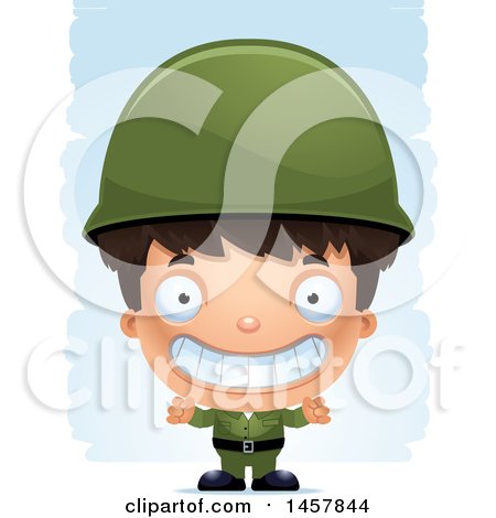 Clipart of a 3d Grinning Hispanic Boy Army Soldier over Strokes - Royalty Free Vector Illustration by Cory Thoman