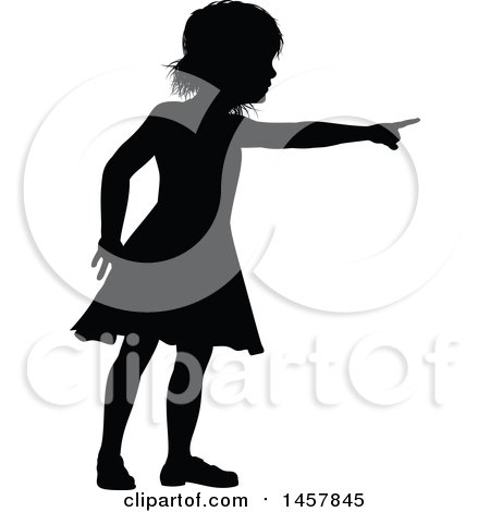 Clipart of a Black Silhouetted Girl Pointing - Royalty Free Vector Illustration by AtStockIllustration