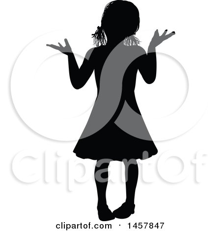 Clipart of a Black Silhouetted Girl Shrugging - Royalty Free Vector Illustration by AtStockIllustration