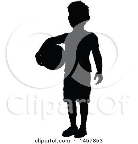 Clipart of a Black Silhouetted Boy Holding a Ball - Royalty Free Vector Illustration by AtStockIllustration