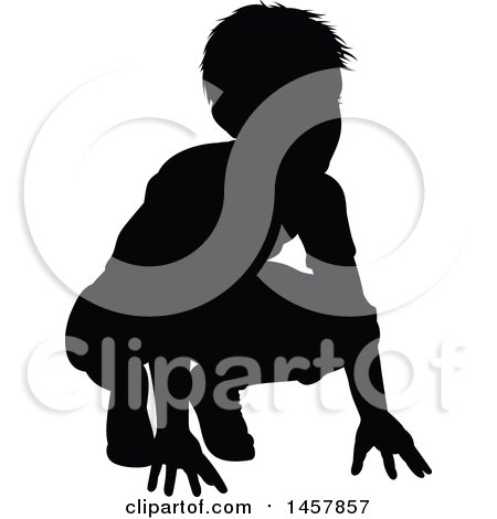 Clipart of a Black Silhouetted Boy Crouching - Royalty Free Vector Illustration by AtStockIllustration