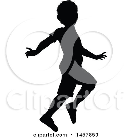 Clipart of a Black Silhouetted Boy Skipping - Royalty Free Vector Illustration by AtStockIllustration