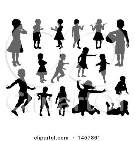 Clipart of Black Silhouetted Girls and Boys - Royalty Free Vector Illustration by AtStockIllustration