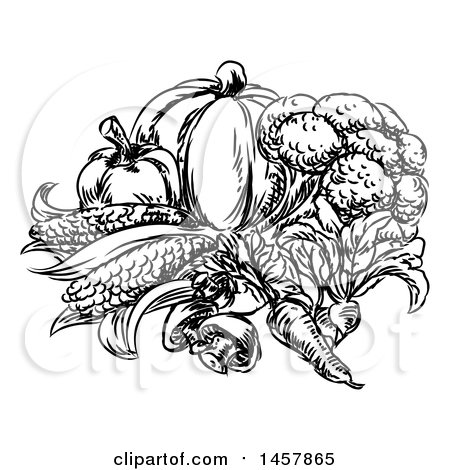 Clipart of a Sketched Black and White Group of Vegetables - Royalty Free Vector Illustration by AtStockIllustration