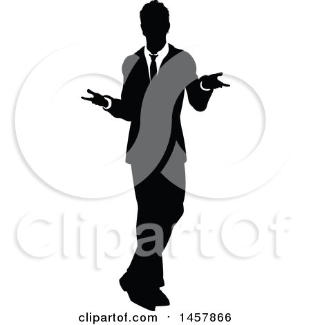 Clipart of a Black and White Silhouetted Business Man Shrugging - Royalty Free Vector Illustration by AtStockIllustration