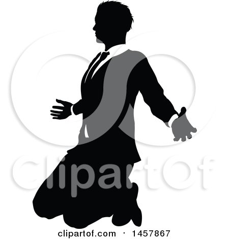 Clipart of a Black and White Silhouetted Business Man Kneeling - Royalty Free Vector Illustration by AtStockIllustration