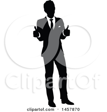 Clipart of a Black and White Silhouetted Business Man Giving Two Thumbs up - Royalty Free Vector Illustration by AtStockIllustration