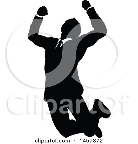 Clipart of a Black and White Silhouetted Business Man Jumping - Royalty Free Vector Illustration by AtStockIllustration