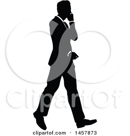 Clipart of a Black and White Silhouetted Business Man Walking - Royalty Free Vector Illustration by AtStockIllustration