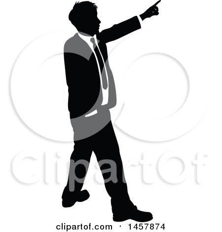 Clipart of a Black and White Silhouetted Business Man Pointing - Royalty Free Vector Illustration by AtStockIllustration