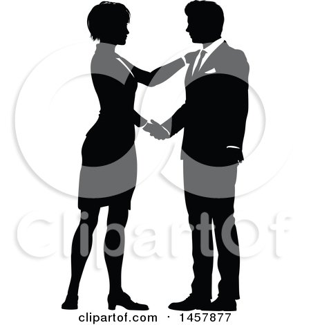Clipart of a Black and White Silhouetted Business Man and Woman Shaking Hands - Royalty Free Vector Illustration by AtStockIllustration