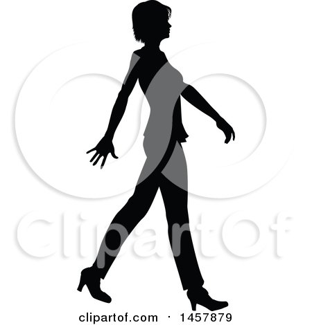 Clipart of a Black and White Silhouetted Business Woman Walking - Royalty Free Vector Illustration by AtStockIllustration